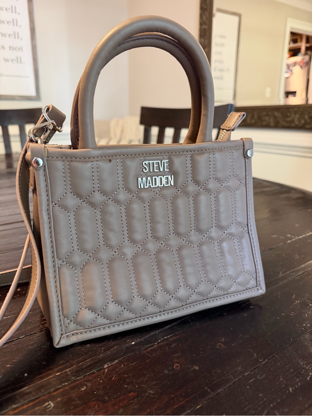 Steve Madden Taupe Quilted Mini Satchel Bag Top Handle Crossbody Purse